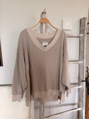 American Eagle Outfitters Waffle Knit V-Neck Long Sleeve Oversized Top XL Rare